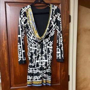 Analili Black & White Geometric Cowl-Neck Dress with Yellow Trim